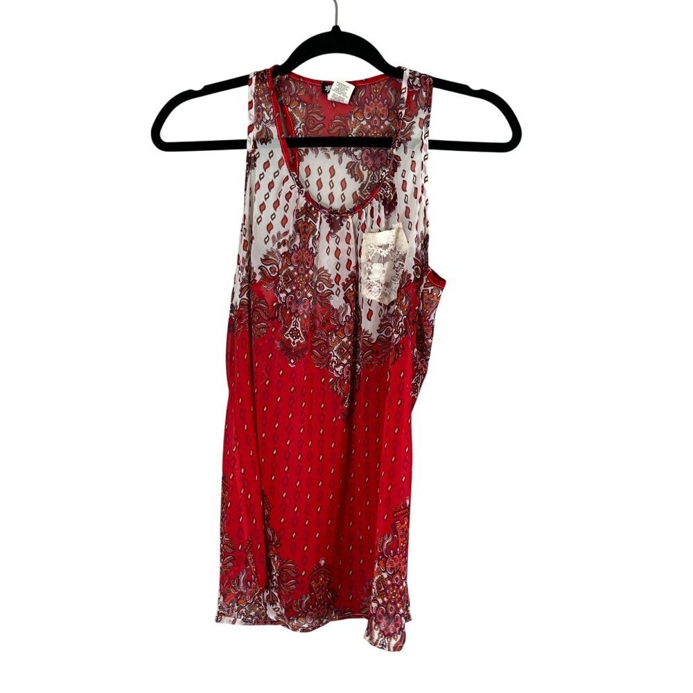 Retro Floral Sheer Top S Red Boho Indie Folk Western Preppy Concert Festival 80s